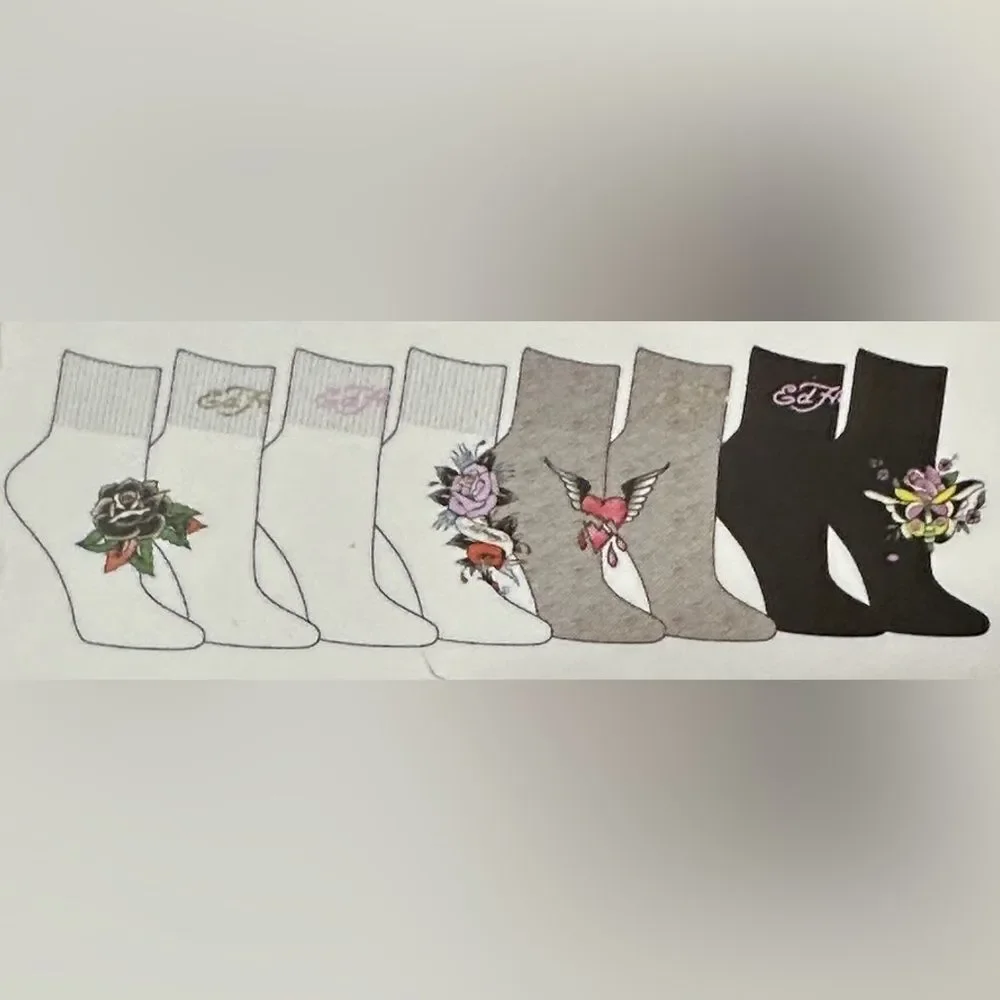 Ed Hardy White Black Tan Super Soft Tattoo Art Cushioned Quarter Socks 8 pack